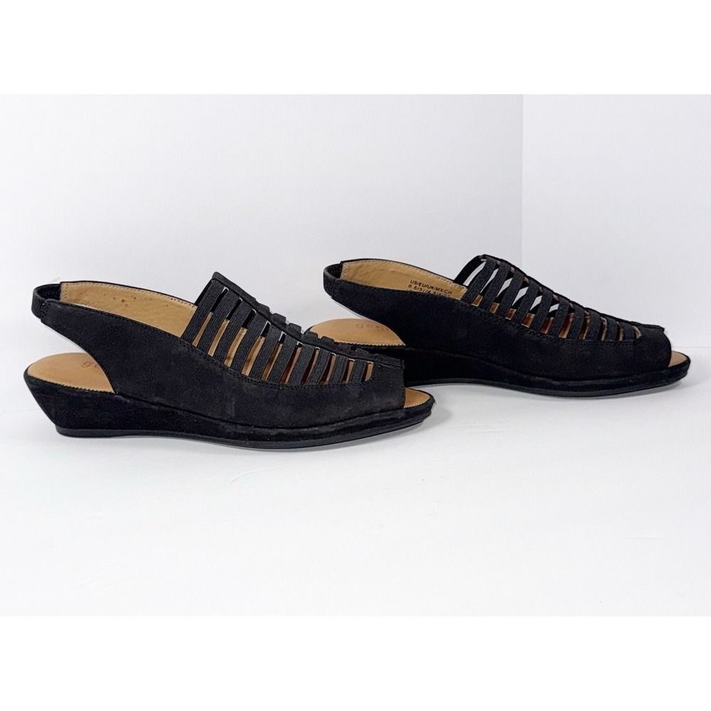 Gentle Souls Lee Wedge Slingback Sandal Black Suede Leather Strappy Stretch 6.5